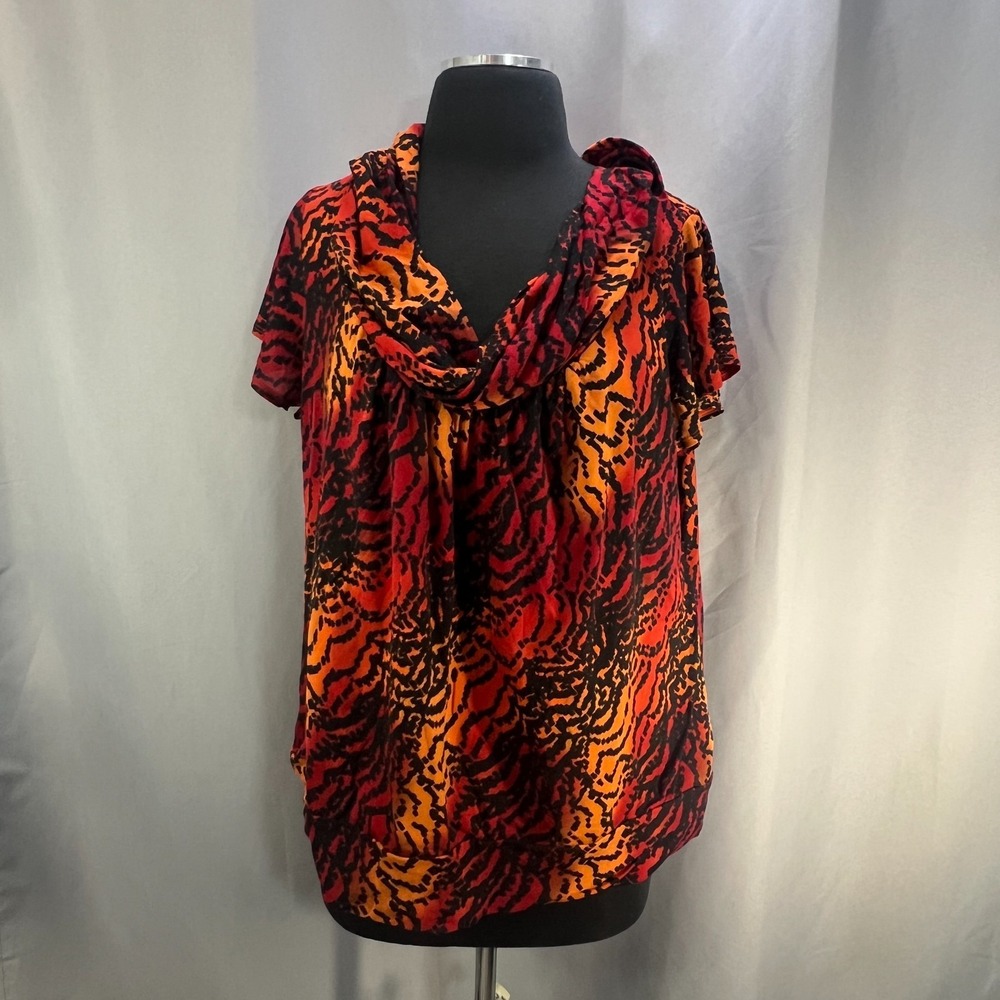 Worthington Blouse Top Womens 1X Multicolor Geometric Cap Sleeve Cowl Neck Lined
